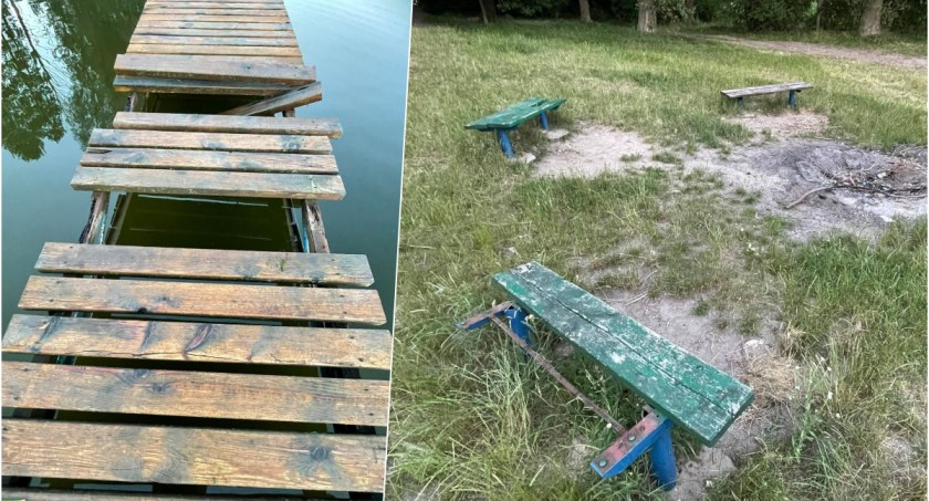Zdjęcie zdewastowanego pomostu i terenu wokół jeziora w Czaplach