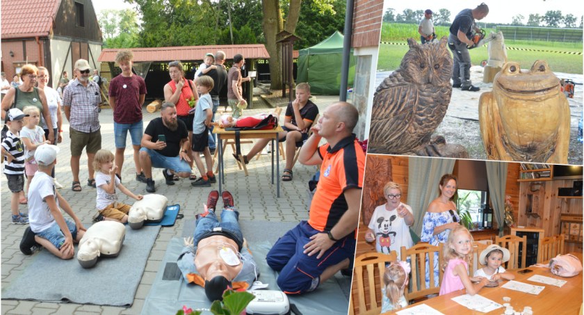 Leśnicy z Nadleśnictwa Dąbrowa opowiedzieli o swojej pracy. Na zdjęciu rzeźbiący pilarze, dzieci rozwiązujące leśne zagadki i kurs pierwszej pomocy