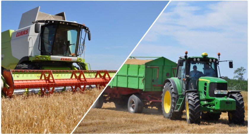 Panowie Tracz na 200 ha żniwują własnymi siłami i sprzętem. Na zdjęciu kombajn i traktor do zwożenia ziarna 