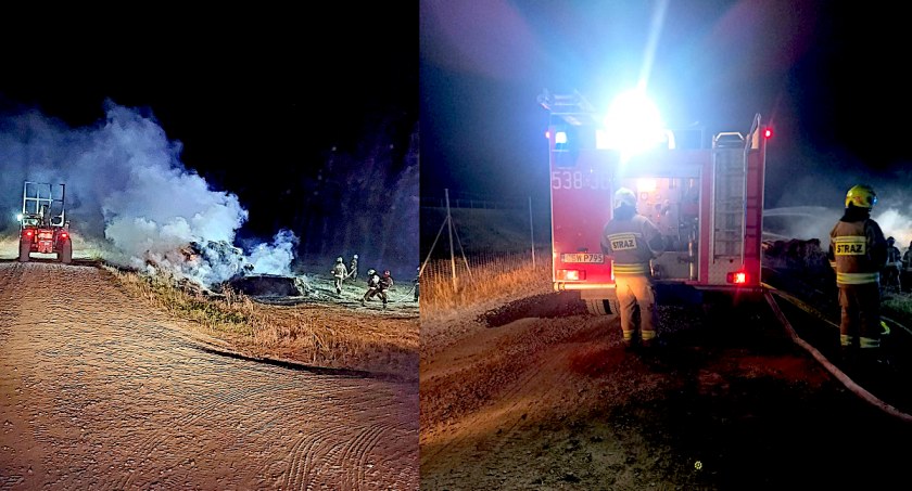 Strażacy podczas gaszenia stogu w Bratwinie/fot. OSP Wiąg