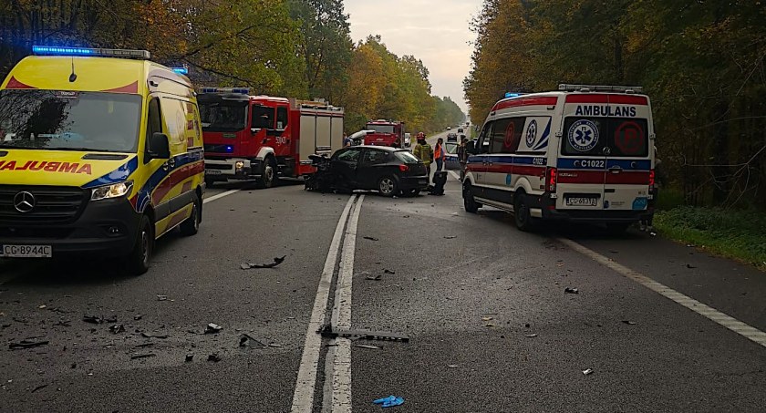 Dziś około godz. 11 na drodze krajowej w Bzowie zderzyły się czołowa dwa pojazdy/zdjęcie KP PSP w Świeciu