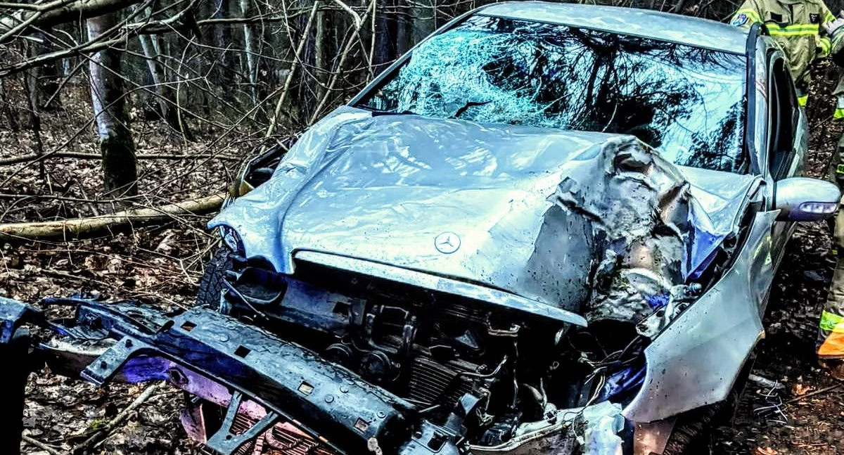 Wypadek drogowy, Samochód wylądował lesie Noworoczna akcja służb - zdjęcie, fotografia