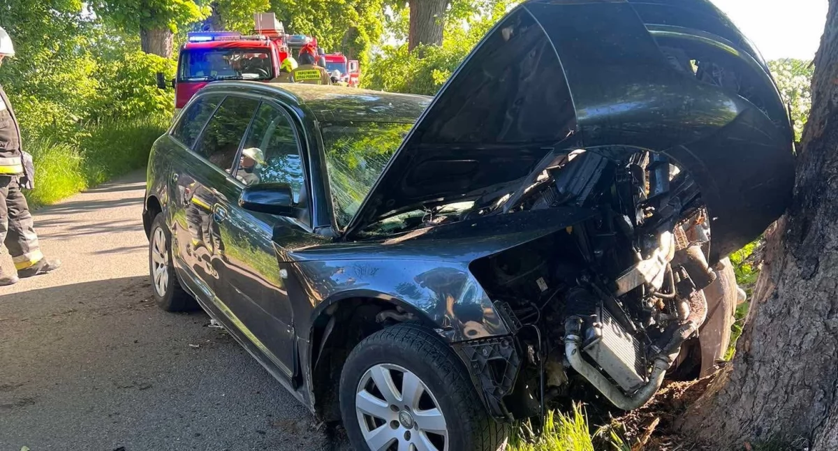Wypadek drogowy, Samochód osobowy uderzył drzewo miejscu lądował - zdjęcie, fotografia