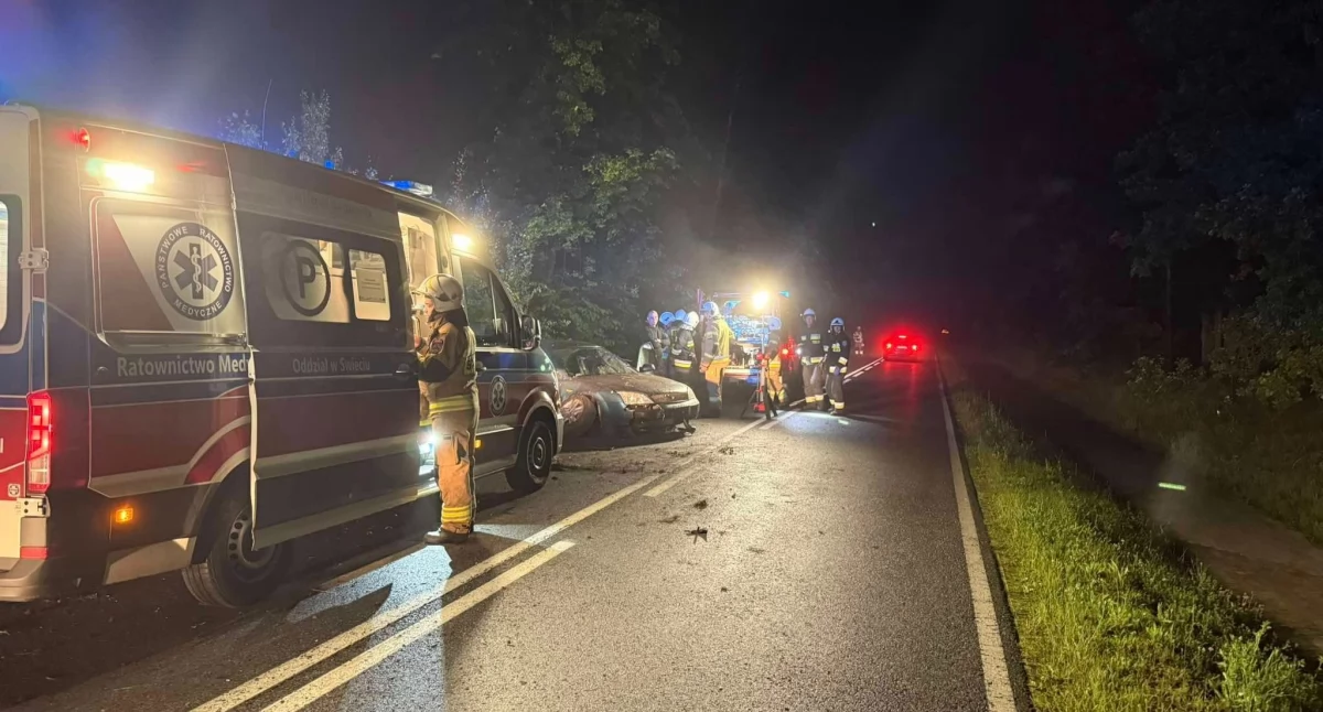 Wypadek drogowy, Samochód wypadł drogi Autem podróżowały osoby - zdjęcie, fotografia