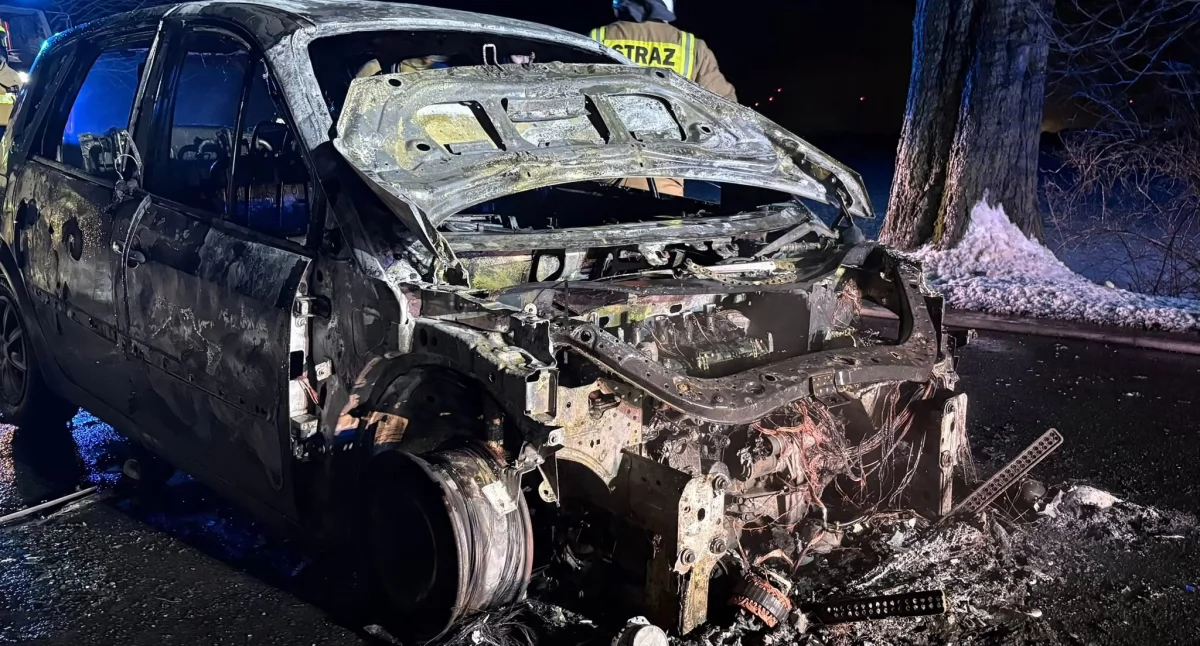 Pożar, Pożar samochodu osobowego drodze powiatowej Nocna akcja służb - zdjęcie, fotografia