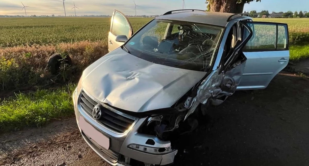 Wypadek drogowy, Wypadek Łowinie Samochód osobowy uderzył drzewo - zdjęcie, fotografia